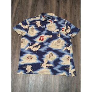 Polo Ralph Lauren Crane Print‎ Polo Shirt Short Sleeve Button Up XL READ FLAW